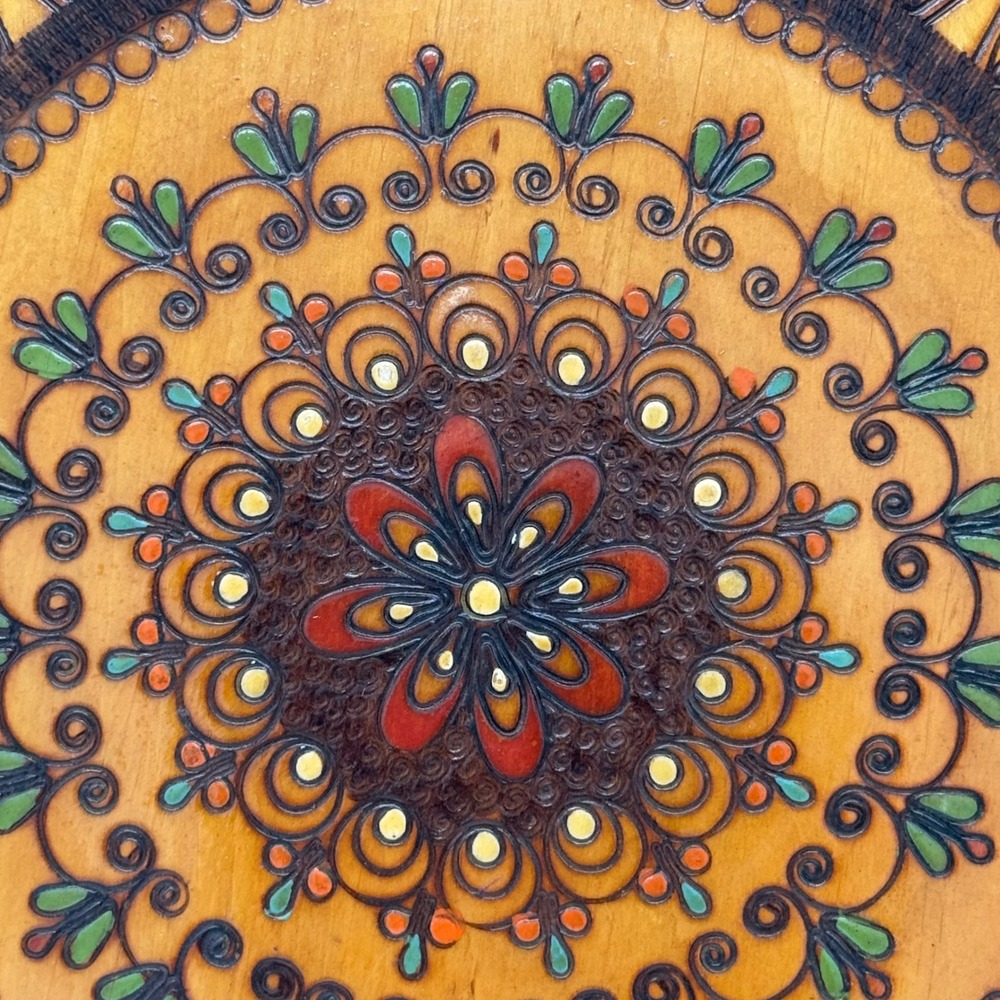 Vintage Polish Folk Art Carved Wood Plate Painted Pyrography Wall Decor 12" Hook - Picture 2 of 9
